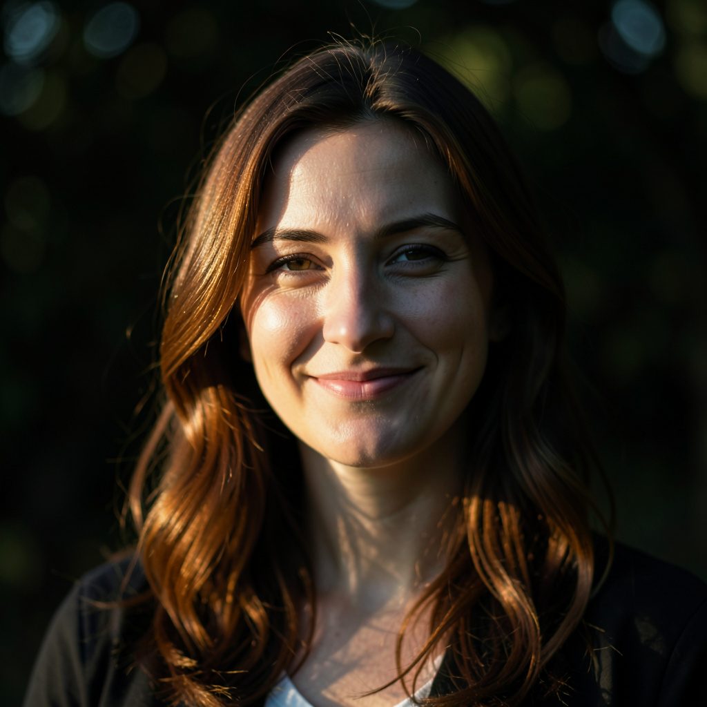 Soft portrait of a woman with warm brown hair against a blurred natural backdrop, gentle smile, natural light