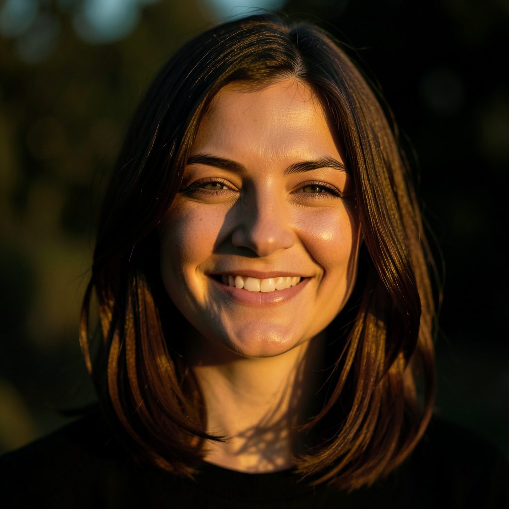 Soft, warm portrait of a smiling woman with shoulder-length brown hair against a blurred natural backdrop, bathed in golden-hour light.
