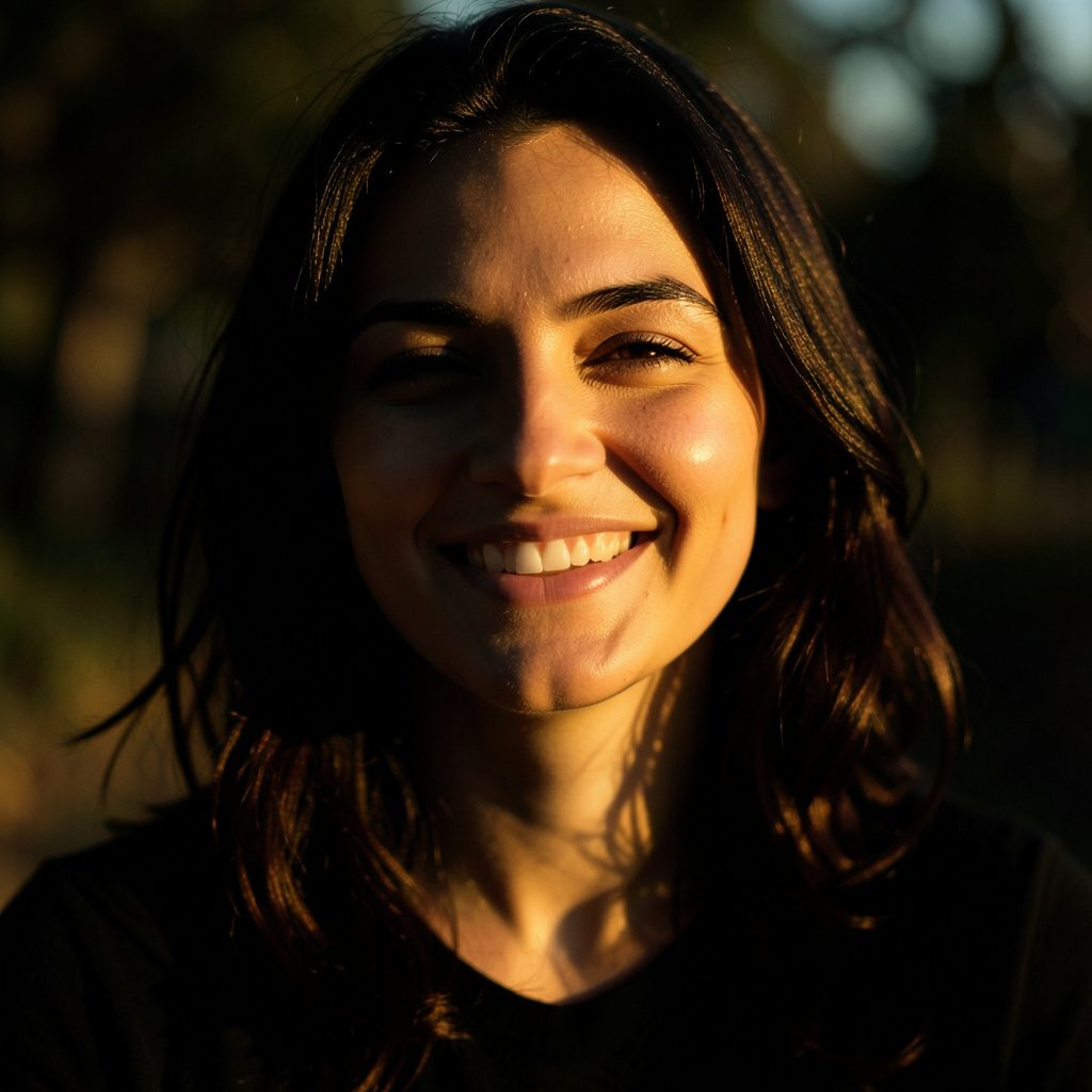 Soft, warm portrait of a smiling woman with dark hair against a blurred natural background, bathed in golden-hour light